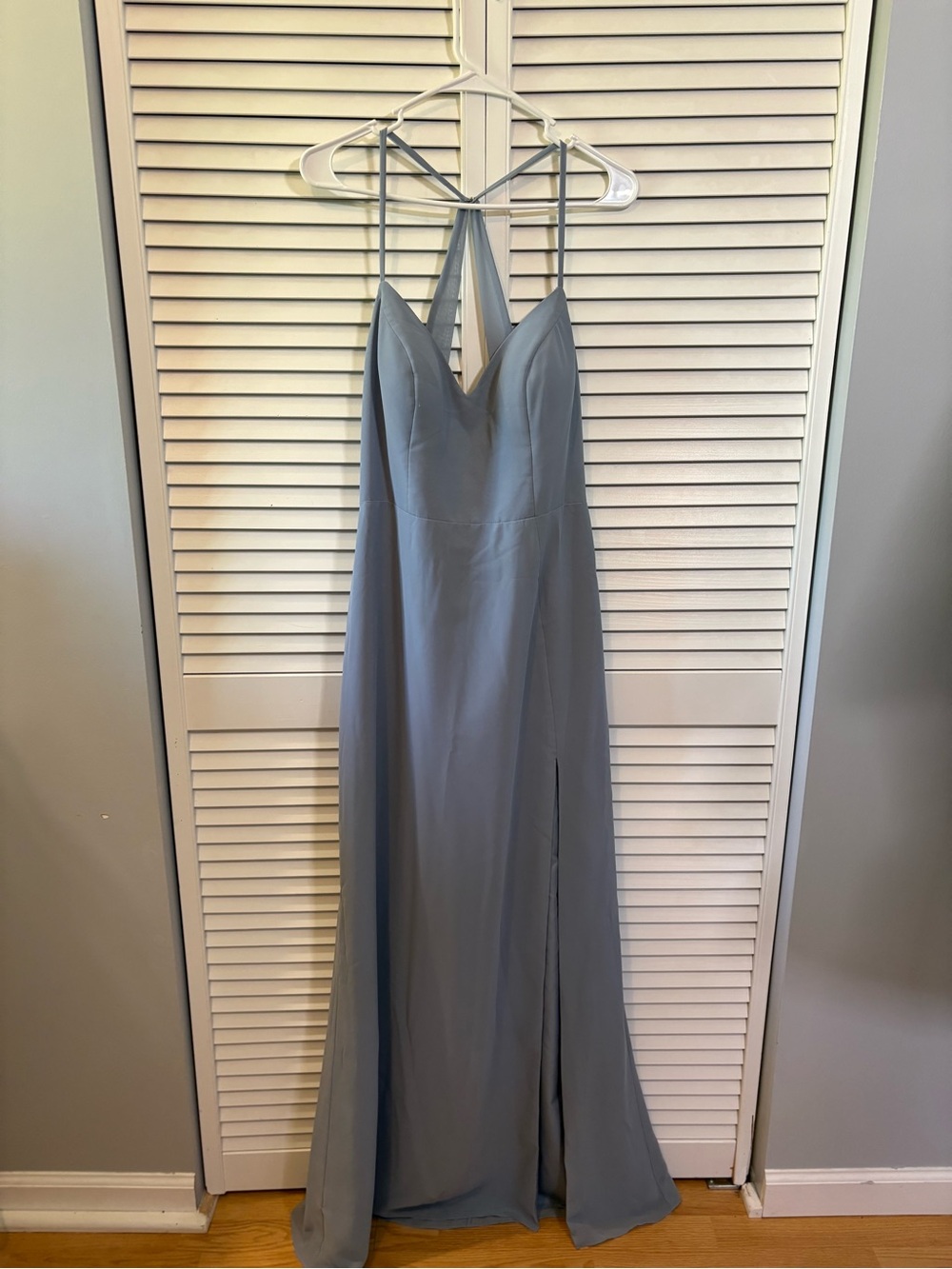 Azazie Slate Blue Evening Dress Prom Wedding Bridesmaid Floor Length Halter